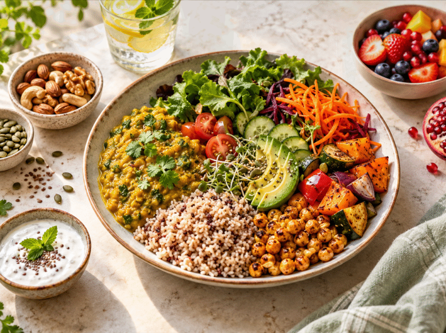 Colourful balanced fertility friendly meal with lentils, grains, vegetables, fruit, nuts and seeds