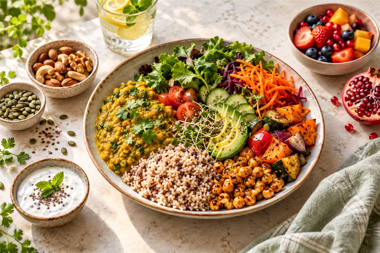 Colourful balanced fertility friendly meal with lentils, grains, vegetables, fruit, nuts and seeds